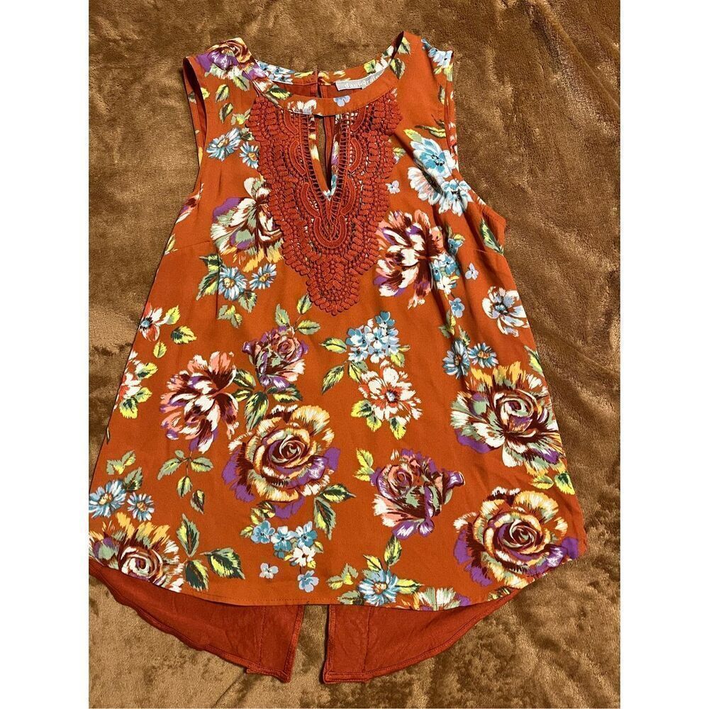 Daniel Rainn Women's PS Orange Tropical Print Embroidered Sleeveless Blouse